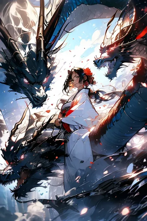 1girl and 1dragon,big red dragon,white yukata,she has a Japanese sword, Japanese style,black hair and long hair