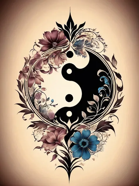 (A simple back tattoo design for men:1.3)，View from behind，(The tattoo across the back incorporates the concept of yin and yang)，Biology and International Business，(This tattoo design centers around the Yin Yang symbol，Surrounded by biological symbols such...