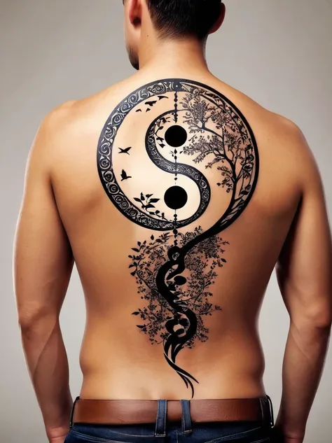 (a simple back tattoo design for men:1.3)，view from behind，(the tattoo across the back incorporates the concept of yin and yang)...