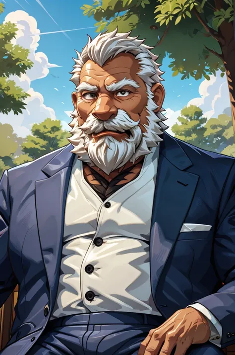 (vector:2.0, mwvector), a (portrait) of muscular old man in park, beard, happy, summer, suits, detailed vector, high detail, hal...