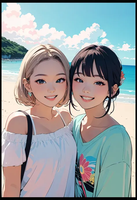 (masterpiece, best quality:1.1),
popart style,flat color,(2girls),cute face,tween,(enjoy trip),(Aharen beach,Okinawa),Japan, beautiful detailed scenery, friendly,very happy,beautiful lighting,dynamic angle,depth of field,photographic portrait, sharp,