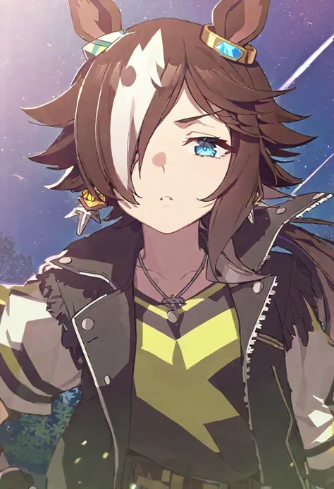 Uma Musume Vodka Horse ears on head Ring in right ear Shy Rock Leather jacket Cool Hidden left eye Shooting star bangs 8k umamusume Vodka 