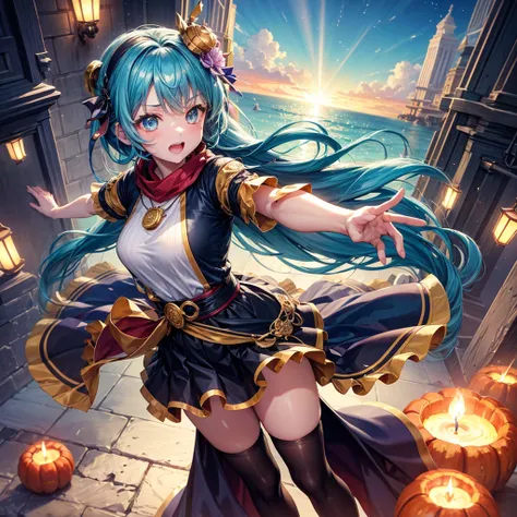 Aqua blue hair、Golden Eyes、Braid、One good looking girl、solo、anime、Checkered mini skirt、Ruffles on the skirt、Red T-shirt、Cape、Gothic、Black knee-high socks、bandana、Fluffy clothes、Wearing a ribbon、Ribbon on waist、Tilting face、Teeth are visible、Sunset sky、Pier...