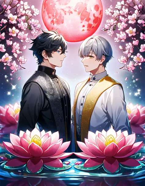 (absurdres, highres, ultra detailed, HDR) master piece, best quality, Caelus, gray hair, expressive yellow eyes, honkai star rail, Dan Heng, black hair, expressive blue eyes, two sexy men together, gay couple, yaoi, handsome, black clothes, white clothes, ...