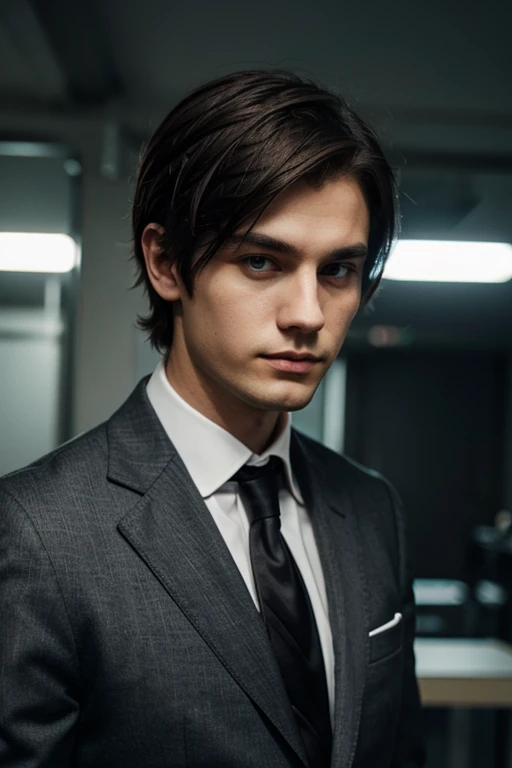 Polish emo boy in his thirties , with formal brown dress suit and tie , He is white, dark brown hair, emo style, grayish blue eyes, very fair complexion, tall. 