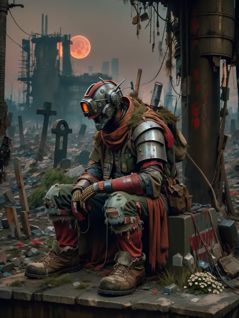 wasteland，A very poor old mech sitting on a rock thinking，Thinker，Hand on cheek，(Sitting:1.2)，rust，Wearing tattered armor，The skyline in the distance，Gothic，moss，(A small white flower)，(Cemetery)，Gothic教堂，(Blood red moon)，Gothic元素，wildfires，cold，gloomy