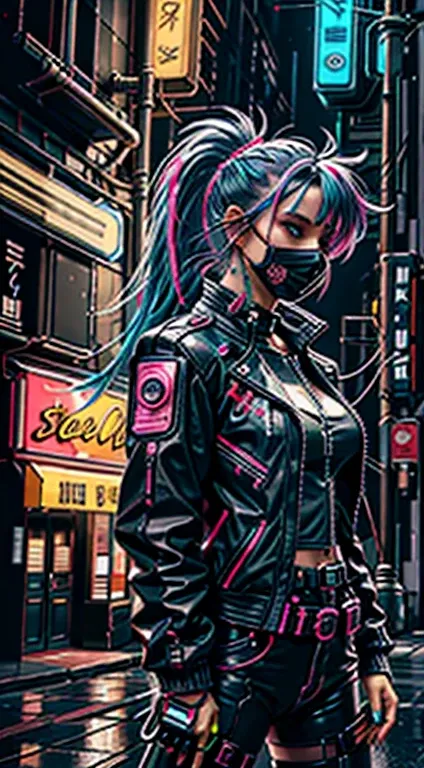 cyber punk, neon, One girl, Fairy, neon hair, neon eyes, Ponytail hairstyle, Black leather jacket,sniper rifle, Food Up, secretly, mask,goggles,