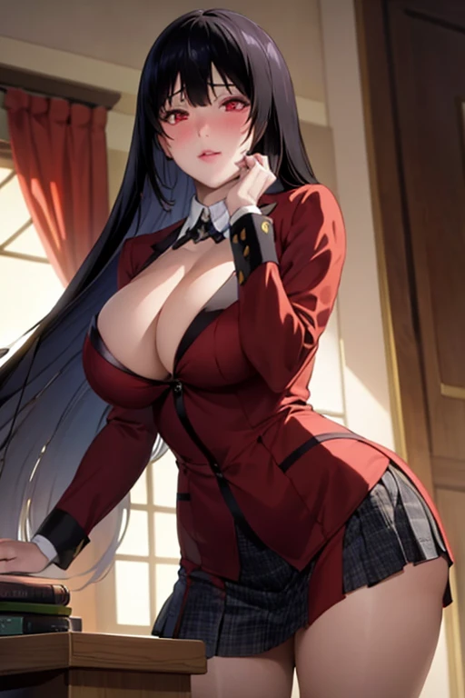 high resolution、masterpiece、1 girl, Jabami Yumeko,hmjy1 long black hair,Red Eyes,blush,Sexy body,((, Red Jacket)), Red blazer，Black trim on cuffs and collar lining, White button-down shirt and black tie, Black and grey plaid mini skirt, Black pantyhose, そし...