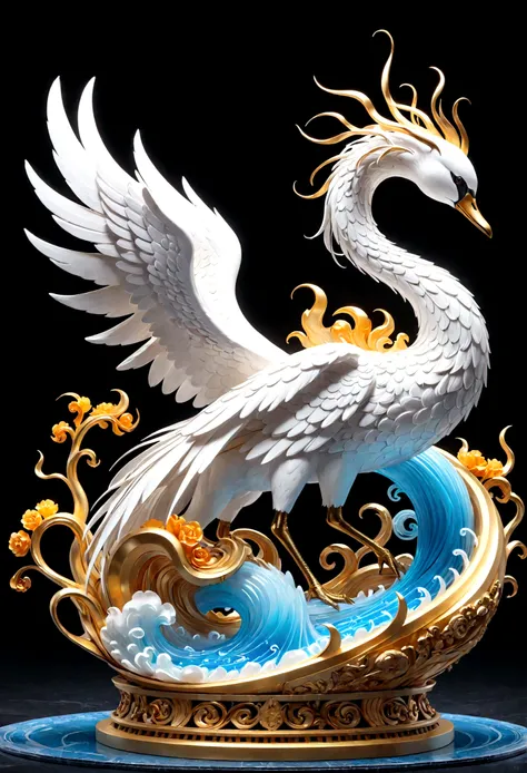 Generate a breathtaking, photorealistic render of a swan statue on a black background with a black background, phoenix swan,  intricate cloud, intricate 3D sculpture, ancient Chinese ornate art, detailed digital 3D art, intricate ornate anime cgi style, ex...