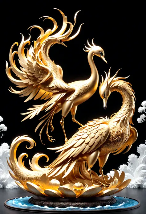 Generate a breathtaking, photorealistic render of a swan statue on a black background with a black background, phoenix swan,  intricate cloud, intricate 3D sculpture, ancient Chinese ornate art, detailed digital 3D art, intricate ornate anime cgi style, ex...