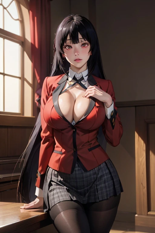 high resolution、masterpiece、1 girl, Jabami Yumeko,hmjy1 long black hair,Red Eyes,blush,Sexy body,((, Red Jacket)), Red blazer，Black trim on cuffs and collar lining, White button-down shirt and black tie, Black and grey plaid mini skirt, Black pantyhose, そし...