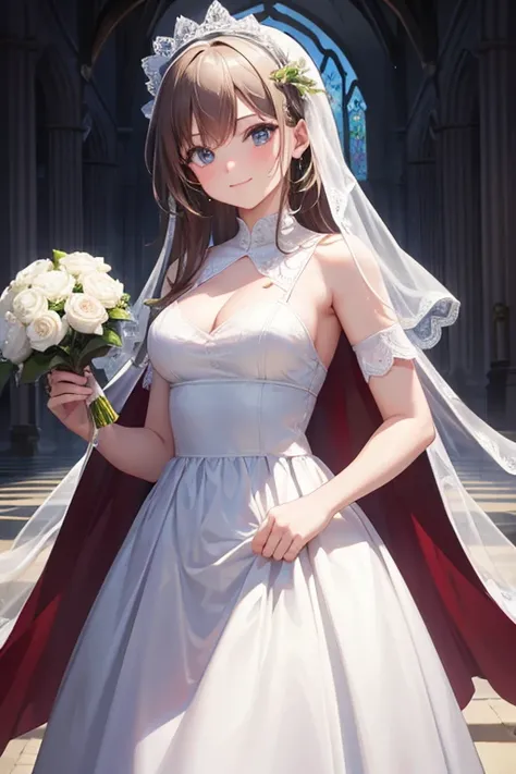 ruined church,Pilot in a wedding dress,Wedding,destruction,Mobile weapons(background:1.3),smile,realistic,{perfection},{perfectionな顔},{{Super detailed}},{{masterpiece}},{{high quality}}