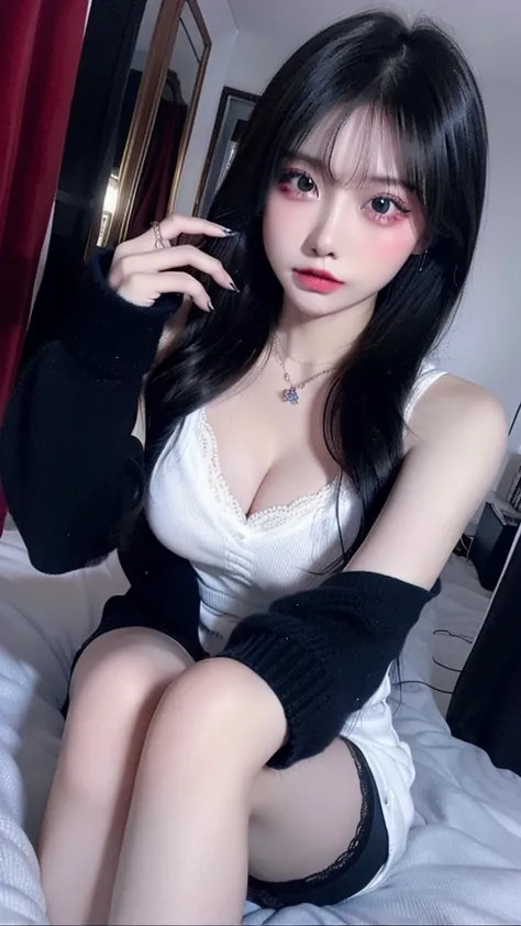 best quality、8K、32k、masterpiece、Super vivid、best quality、8K full vision, movie lighting:1.2)、(Blue right), A girl、Long hair girl、Beautiful Japanese woman、Dark-haired、ribbon stockings、Lace lingerie、black collar、Fluffy White Sweater、Showing cleavage、Necklace...