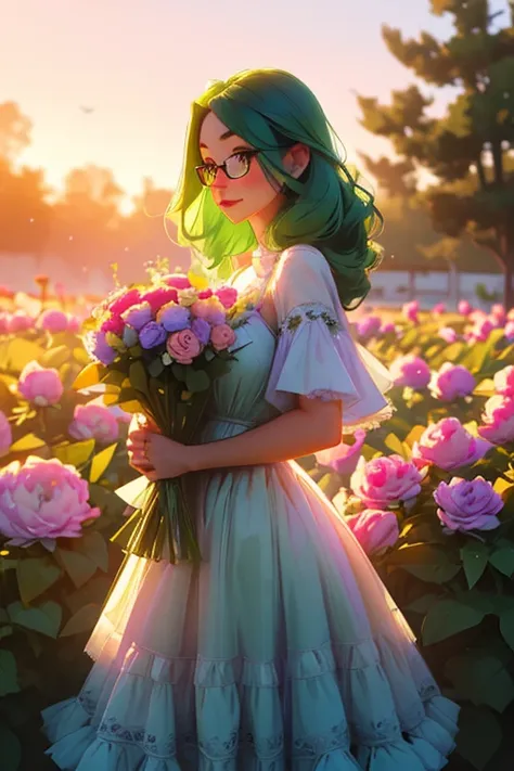 A green haired woman with violet eyes and glasses with an hourglass figure in a cute lolita dress is blushing with a bouquet of peonies in the early morning light of the morning sun