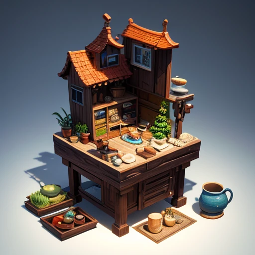 Place all surrounding cabinets with artifacts, earthenware pot, Pottery bowl, Flowwood, Deep sea divers transporting artifacts upstream, Cute Digital Painting, Cartoon characters, Cute 3D rendering, Clay character, Clay animation, Cute and detailed digital...