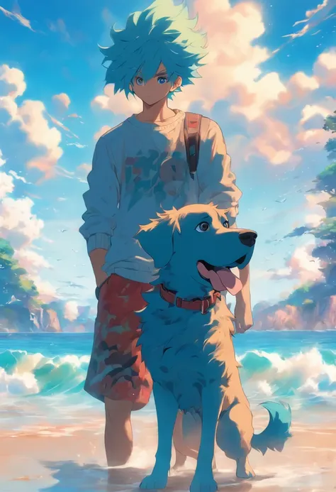 A young man with blue hair is standing next to a dog by the sea in a blue sky