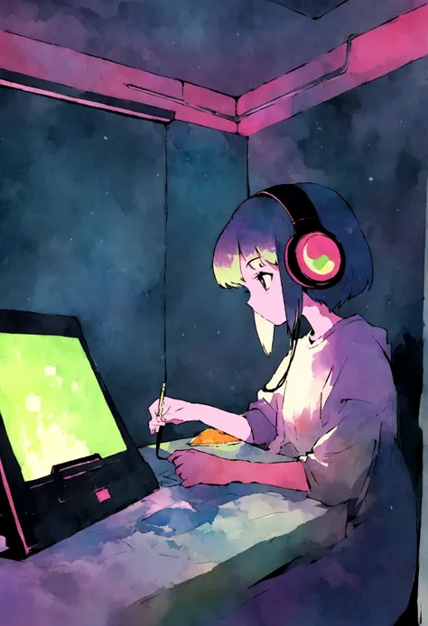 (zero), Girl studying in room, Reading a book, Wear headphones, , Night lighting, Neon scenery on a rainy day,Analog Color Theme, Lo-fi Hip Hop , retrospective exhibition, flat, 2.5D ,Draw a line, Ink drawing, Large slope, Watercolor, Goosh Colors, Studio ...