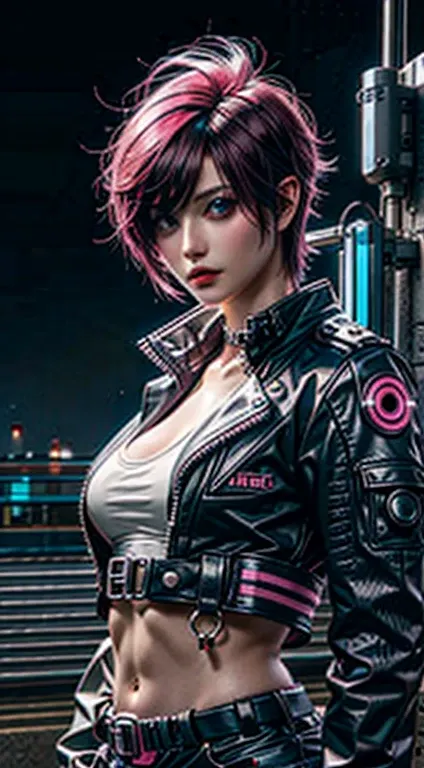 cyber punk, Pink neon, One girl, Fairy, Neon hair, Neon eyes, Very short hairstyle, Black leather jacket,sniper rifle, Food Up, secretly, mask,goggles,Developed abdominal muscles