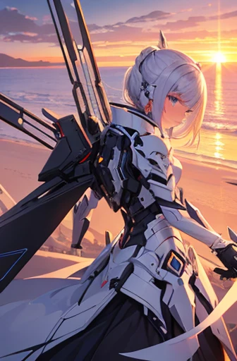 MECA,Mobile weapons,white,Nightmare Frame,sunset,{masterpiece},{perfection},{high quality}