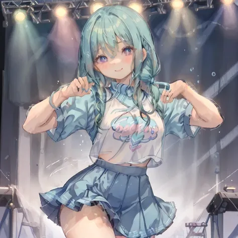 1 girl、Mature、Ample breasts、Aqua Hair、2 braids、Pigtails、smile、cute、Pink Eyes、Big Eyes、Sportswear、Miniskirt、Thighs、Dance、Like an idol、High resolution、highest quality、Night stage、Colorful stage