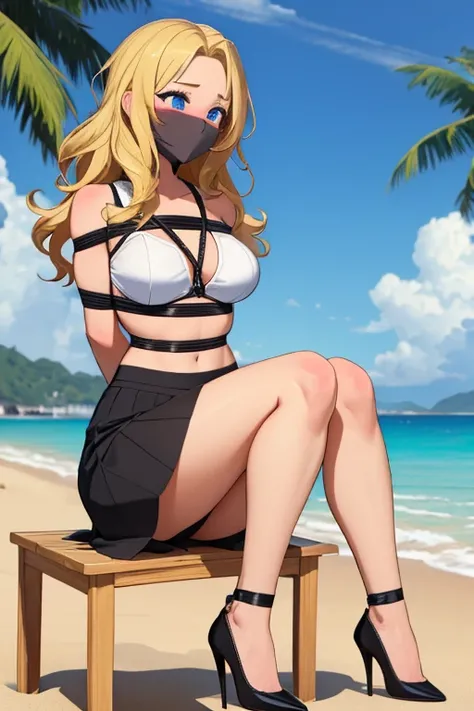 1 girl, detailed blue eyes, lange wimpern, detailed beautiful face, Side parts,a Bit curly hair, (very Long blonde hair:1.4), festgebunden, (arms behind back:1.6), gefesselte Arme, (blushing:1.3), (Big boobs:1.1), OTN, Gag, gagged, shibari over clothes, fu...