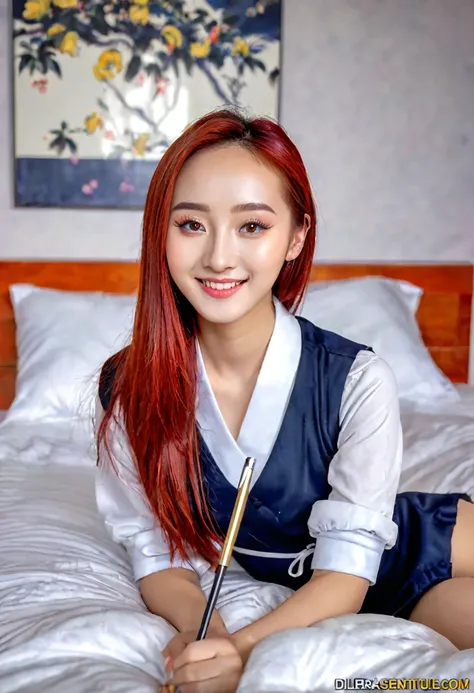 (melhor qualidade,4k,8K,high resolution,Obra de arte:1.2),ultra-detalhado, redhead chinese college student, dilraba dilmurat, sorridente, college dormitory, sentado na cama, seduzindo o espectador, HDR, 8K, absurdos, Cinemastill 800, sharp focus