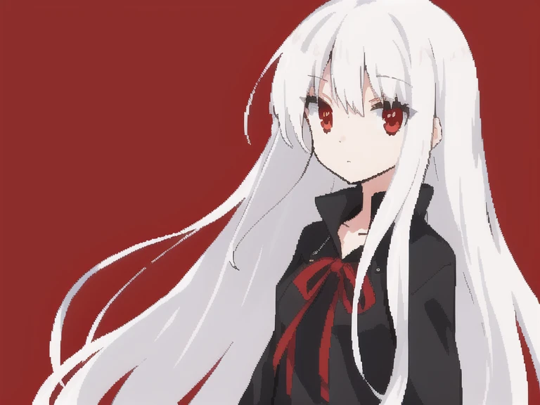 pixel style is obvious，girl，long hair，white hair，red eyes，quiet，dot plot，avatar，red ribbon，difference