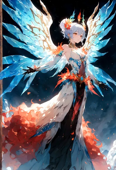 
(masterpiece，high quality，Best quality，Official Art，Beautiful aesthetics:1.2)，Phoenix of Ice and Fire，(Ice Elemental Wings:1.5),(Fire Elemental Body:1.1)，combustion，transparent，flame，(Lava)，flame头部，flame身体，Ice wings，smoke，cloud，nothingness，Long trailing，L...