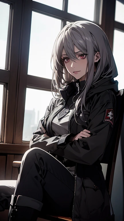 a detailed, high-quality woman with disheveled silver hair and long locks, deep crimson eyes, wearing boots, a hooded long coat, black pants, and a black and white pilot suit, with a , 24 years old, a beautiful adult woman, thin, serene, composed, with a s...