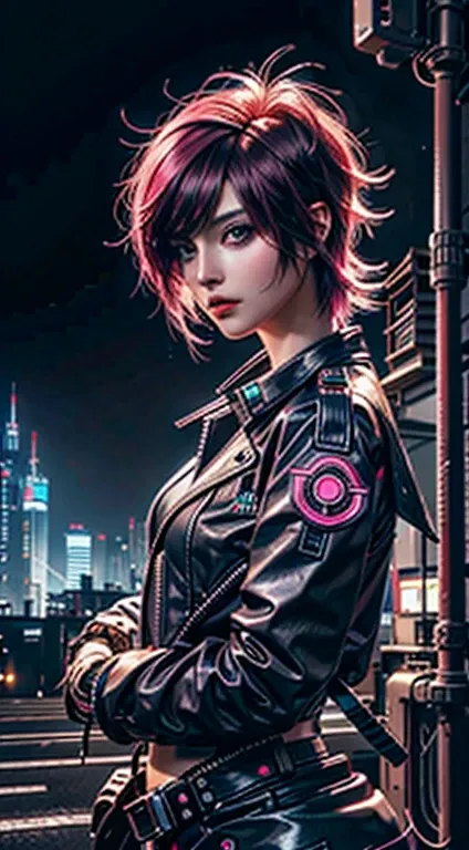 masterpiece,best quality,ultra-detailed,8k,high resolution,cyber punk, Pink neon, One girl, Fairy, Neon hair, Neon eyes, Very short hairstyle, Black leather jacket,sniper rifle, Food Up, secretly, mask,goggles,Developed abdominal muscles