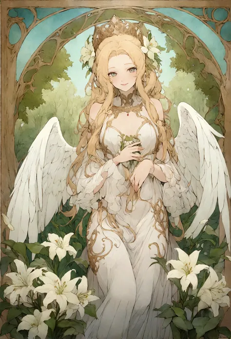 high quality，masterpiece，Delicate features，Delicate Hair，Delicate eyes，Delicate Hair，Holding a bouquet of lilies, Dreamy Style, A wonderful garden, Fantasy style clothing, Wedding dress, Beautiful angel queen and graceful, Beautiful fantasy, Fantasy art st...