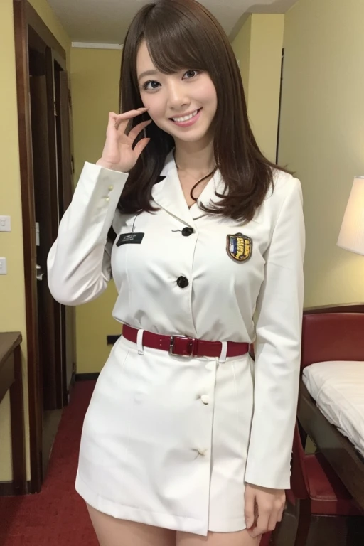 Gravure idol pose　Hotel　uniform　White clothes　high resolution　Not too small bust　Black Mini Skirt　Skirts should be shortened