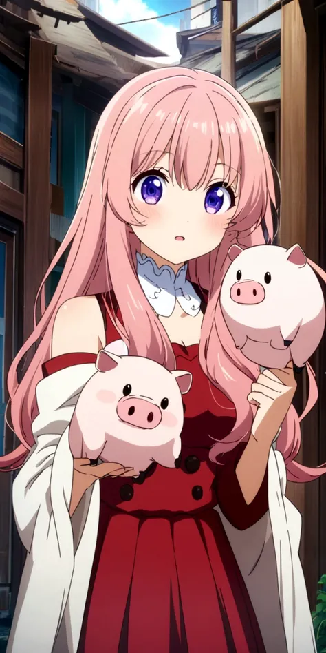 Anime Girl in red dress with a white pig,  Wear clothes, 穿着漂亮裙子的可爱Anime Girl, beautiful Anime Girl, pretty Anime Girl, attractive Anime Girl, cute Anime Girl, Beautiful anime woman, Tonosaka Rin, (Anime Girl), portrait Anime Girl, Anime cute art style, Ani...