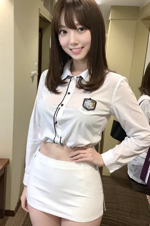 Gravure idol pose　Hotel　uniform　White clothes　high resolution　Not too small bust　Black Mini Skirt　Skirts should be shortened