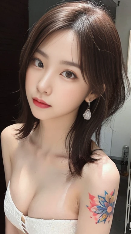 Anime-style woman, thin, thin, whole body, Full of tattoos, Lots of earrings, Beautiful and shiny hair, Rainbow Eyes, Slanted Eyes, Wavy Hair, Kind and charming, Expose your shoulders, Delicate and sexy collarbone, Attractive oval face, double eyelid, Pink...