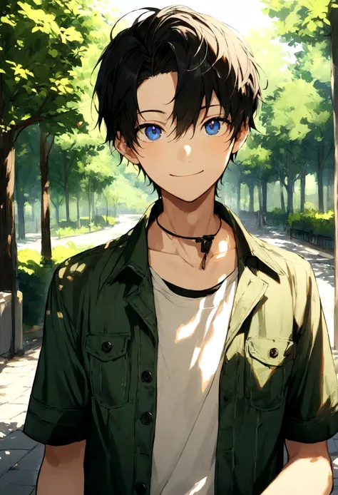 14 14 year old boy with black hair and blue eyes wearing a casual outfit in the park on a sunny afternoon smiling looking at viewer - handsome and hot and cool