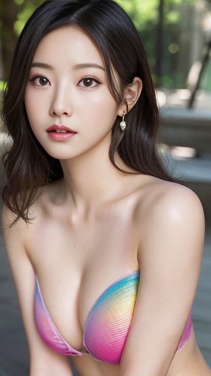 Anime-style woman, thin, thin, whole body, Full of tattoos, Lots of earrings, Beautiful and shiny hair, Rainbow Eyes, Slanted Eyes, Wavy Hair, Kind and charming, Expose your shoulders, Delicate and sexy collarbone, Attractive oval face, double eyelid, Pink...