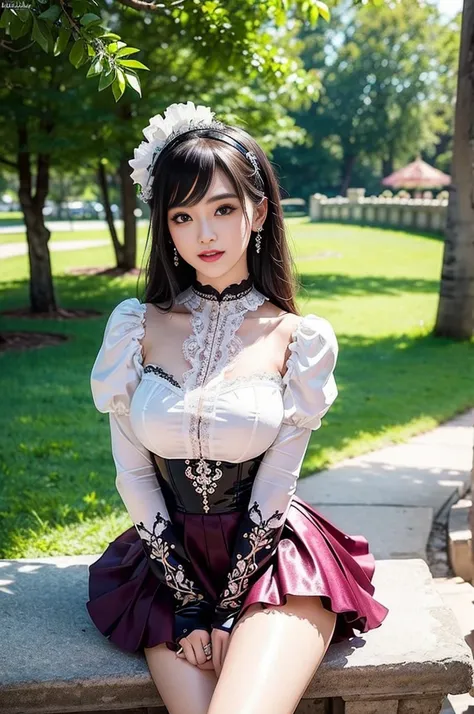 nsfw, sexy stylish Thai model, only 1 female, ((doll-like appearance)), short Mahogany stylish hair, ((shiny Victorian-Style boots)), (big smile), ultra detailed eyes, vivid eye makeup, lip-gloss, long lashes, defined eyebrows, ((sexy Paradise Kiss cosplay...