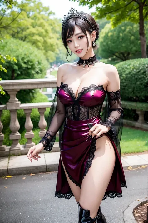 (nsfw), sexy stylish Thai model, only 1 female, ((doll-like appearance)), short Mahogany stylish hair, ((shiny Victorian-Style boots)), (big smile), ultra detailed eyes, vivid eye makeup, lipgloss, long lashes, defined eyebrows, ((sexy Paradise Kiss cospla...