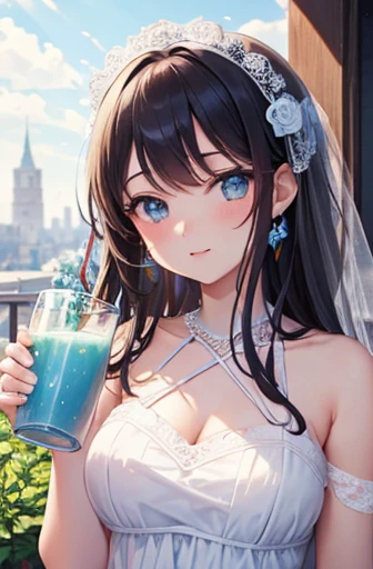 Second meeting,{masterpiece},{high quality},{Perfect Face}MECA Girlfriend,cute,Wedding dress,Italian restaurant,Drinking blue juice,Upper Body