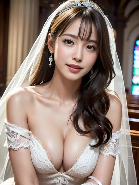 (off-shoulder white wedding dress, wedding veil:1.3), (in the church), (boob:1.3), (smiling), (upper body:1.3), straight long ha...