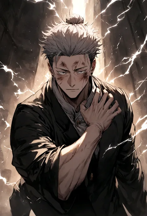 1 boy, men&#39;s center, satoru gojou,jujutsu kaisen、injury, electricity,, masterpiece, highest quality, so beautiful,