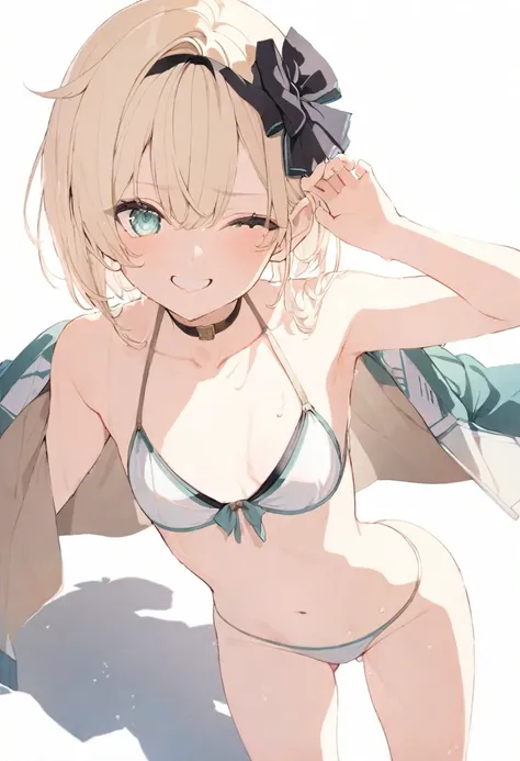 (masterpiece), (best quality), perfect face, beautiful girl, white background background, delicate and beautiful face and eyes, dark intense shadow, 
1 girl, vtuber style, cool girl, hololive, Kazama Iroha, bikini, wet body, small chest, cropped shoulders,...