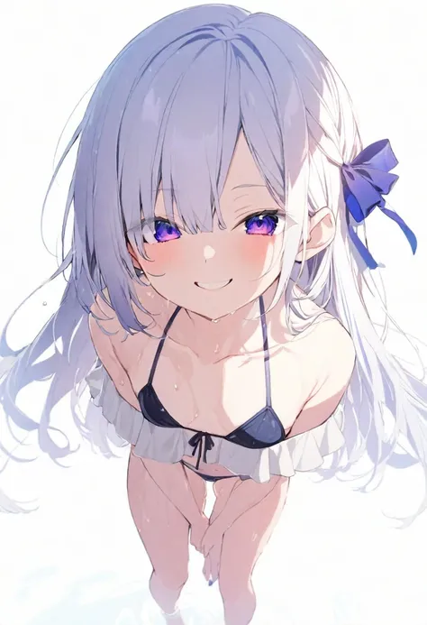 (masterpiece), (best quality), perfect face, beautiful girl, white background background, delicate and beautiful face and eyes, dark intense shadow, 
(1 girl), vtuber style, cool girl, hololive, amane kanata, bikini, wet body, small chest, cropped shoulder...