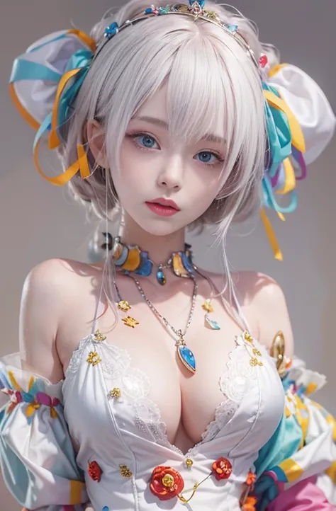 28 years old, Close-up portrait of a woman in a colorful clown costume、Shoulders out、thin、Serious expression、Short-haired、Deadly position, Gorgeous Necklace, Light milky porcelain skin, Smooth, Translucent white skin, Enchanting anime girl, Beautiful and s...