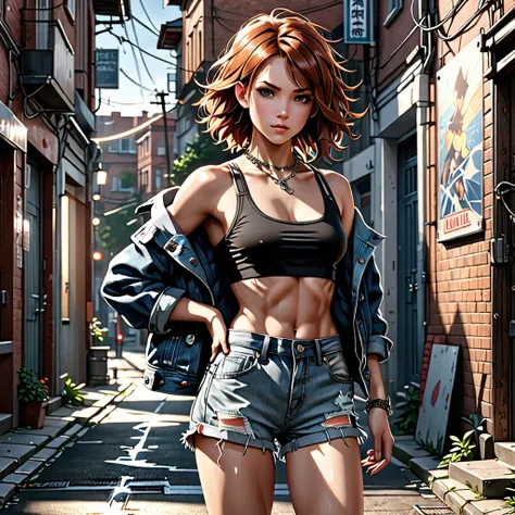 ((medium chest, long hair, small head)), daylight, sunlight, (well-defined abs: 1.1), (perfect body: 1.1), (short wavy hair: 1.2), russet hair, collar, chain, full body photo, shabby street, wearing a black tank top, denim jacket, ((shorts)), (extremely de...