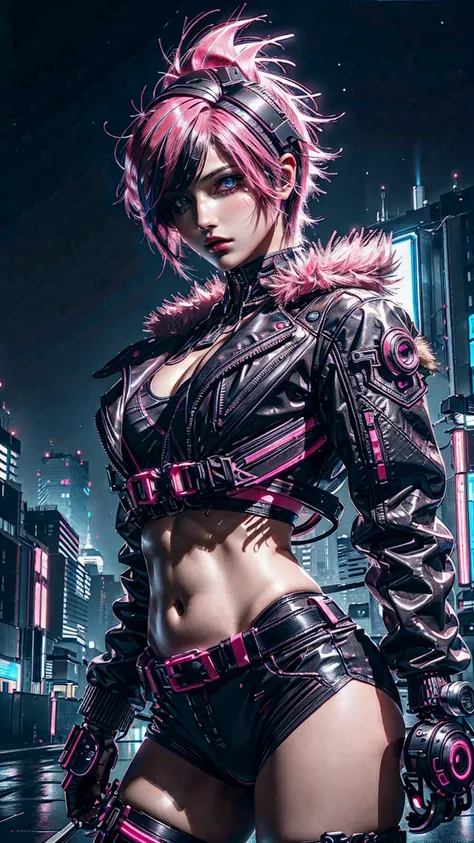 masterpiece,best quality,ultra-detailed,8k,high resolution,cyber punk, Pink neon, One girl, Fairy, Neon hair, Neon eyes, Very short hairstyle, Black leather jacket,sniper rifle, Food Up, secretly, mask,goggles,Developed abdominal muscles