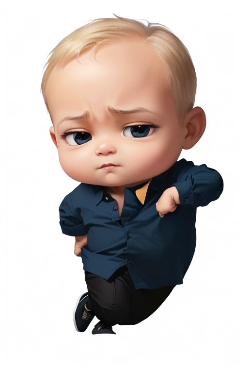 generate the ((Indian boss baby looking at viewer)), ((big cute eyes)), (((wearing blue shirt and black pant with suite))), ((serious looking at viewer)), ((looking front viewer)), (((detailed body))), (((black hair))), (((baby serious, attitude face))), d...