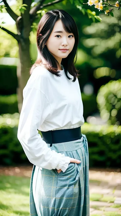 Very beautiful Japanese women、pretty:1.5,21 years old、Big eyes、Attractive eyes、university student、FlowersGood weatherUniversity garden、Are standing、Looking at the camera:1.5、Smile 1.3、healthy、White skin、Light makeup、whole body、Small butt、