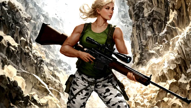 realistic, Deunan Knute from Appleseed, standing with a sniper rifle, wearing a green tank top and black and white military pants (black and white camouflage), military high boots, a light wind blows her short blonde hair,